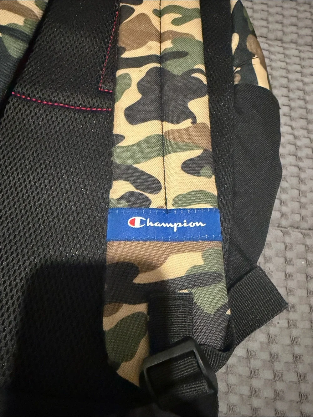 Champion “Manuscript” Camo Backpack Black Green Tan Camouflage.